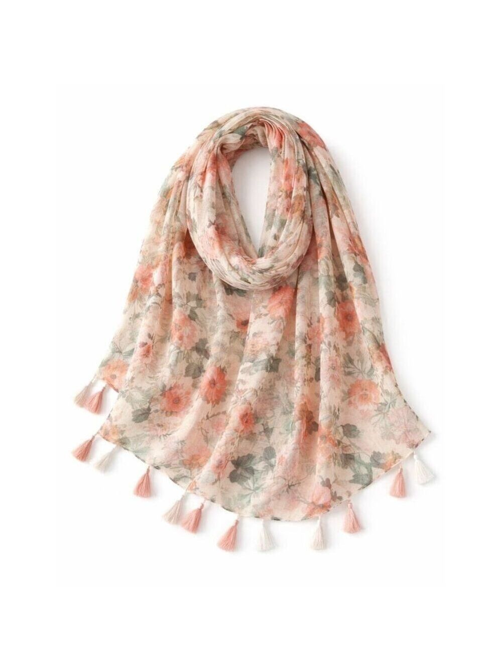 Lightweight Floral Scarf for Women, Soft Spring Summer Shawl Wrap with Tassels,